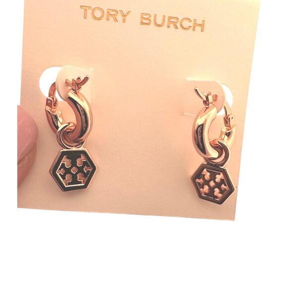Tory Burch Rose Gold Hexagon Logo Drop Hoop Earrings - Picture 1 of 2